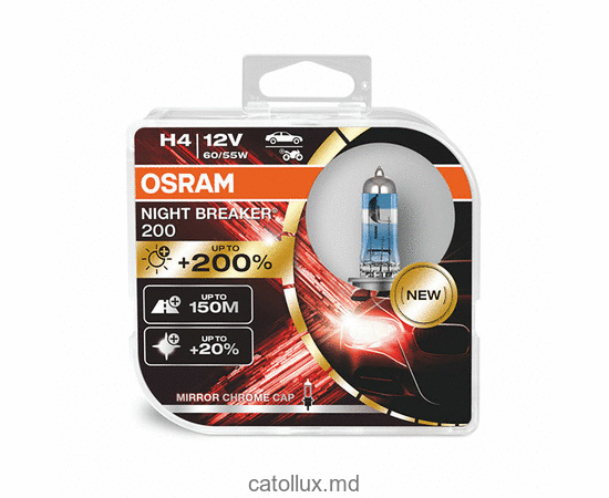 Комплект галогенных ламп Osram 64193 NB200 +200% H4 12V 60/55W  Комплект галогенных ламп Osram 64193 NB200 +200% H4 12V 60/55W