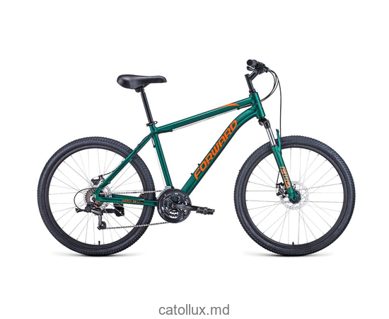 Горный велосипед FORWARD HARDI 26 2.0 disc (26" 21 ск. Рост 17") 2020-2021, зеленый матовый/оранжевый 